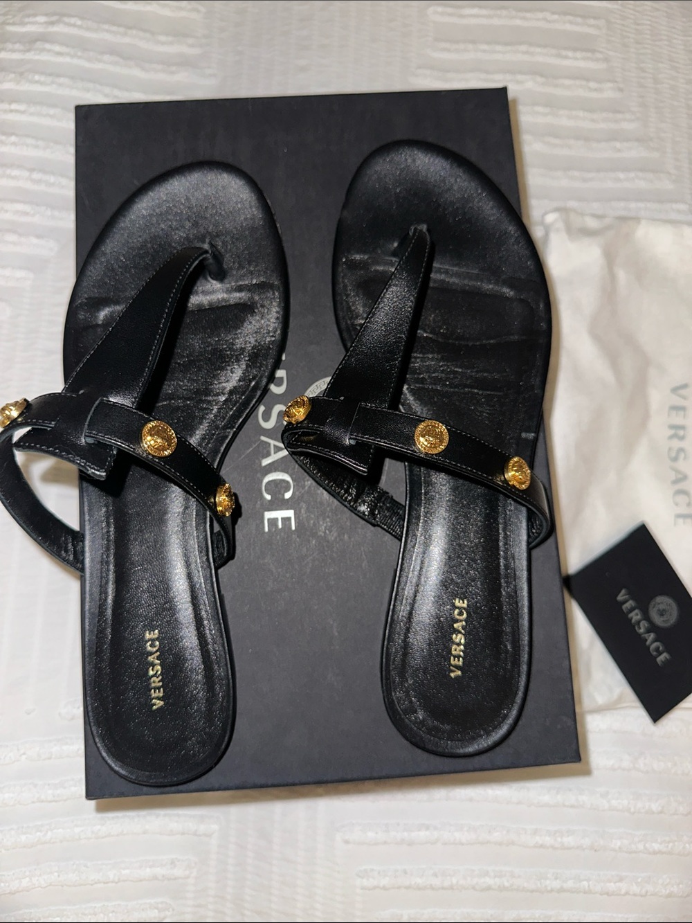 Versace Black Leather Thong Sandals with Gold Medusa Buttons